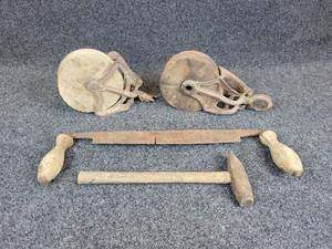 lot 733 image: Pair of Antique Pulleys, Draw Knife, and Hammer