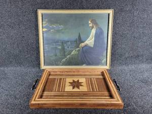 lot 739 image: Framed Jesus Litho and Wood Inlay Tray