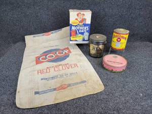 lot 740 image: Lot of Vintage Kitchen Tins, 100# Northwest Mills Sack, Quick Mothers Oats Box, and More