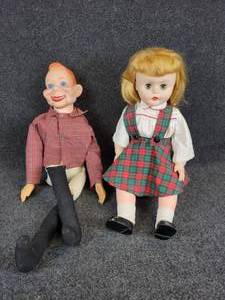 lot 750 image: Pair of Dolls from the 70s - Howdy Doody (note the condition in pictures), and Battery Operated Baby Doll (Not working)