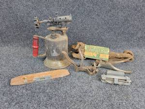lot 760 image: Lot of Antique Tools - Torch, Level, Weather Strip, and More