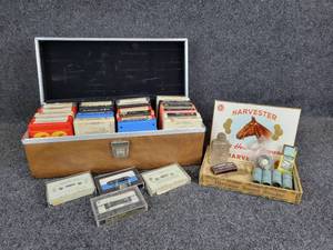 lot 781 image: Lot of (22) 8-Track Tapes in Carrying Case, (4) Cassette Tapes, and a Cigar Box with Trinkets & Treasures