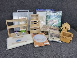 lot 810 image: Lot of Craft Supplies - Plastic Canvas, Thread Sorter, Cross Stitch Kit, and MORE
