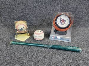 lot 824 image: Lot of Sports Collectibles - Chicago Cubs Baseball on Stand, Miniature Bat, Basketball Clock, and Baseball