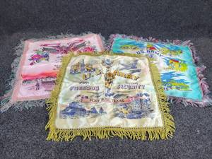lot 848 image: Lot of (3) Fringed Satin Pillow Covers - Fort Bliss TX, Camp Roberts CA, Camp Robinson AR