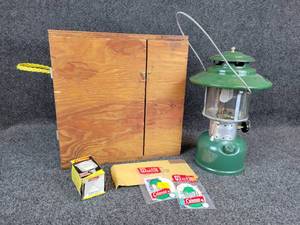 lot 885 image: Vintage 1968 Coleman Kerosene Lantern Model 228F in Homemade Wood Carrying Case with Accessories