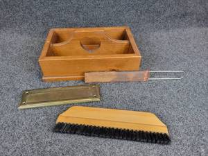 lot 887 image: Vintage Wood Box with Brass Mail Slot, Brush, and More