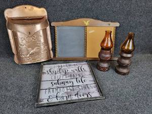 lot 895 image: Lot of Home Dcor - Mail Box, Wall Hanging, Message Board, and Candlesticks
