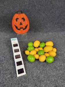 lot 896 image: Eclectic Lot of Housewares - High Quality Citrus Fruit VaseBowl Filler, Light Up Jack o Lantern, and Full Color Souvenir Slides