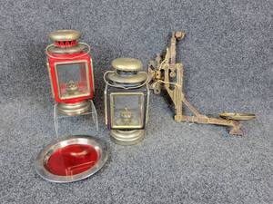 lot 903 image: Lot of (2) Lanterns, Antique Finger Lamp Wall Bracket, and Small Oneida Silversmiths Plate