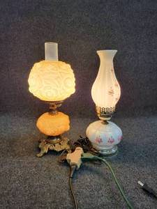 lot 933 image: Vintage Lamps - Small Gone with the Wind 3-Way Lamp and Milk Glass Hurricane Lamp with Hand Painted Roses - NO SHIPPING