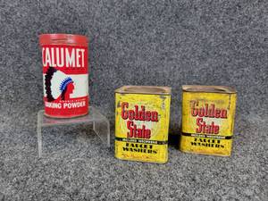 lot 975 image: Lot of (3) Tins - Calumet Baking Powder and Golden State Faucet Washers