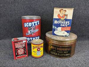 lot 741 image: Lot of Vintage Kitchen Tins - Scotts Super Tuber Potato Chips, Marvel Mystery Oil, Quick Mothers Oats Box, and More