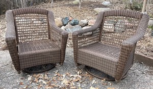 lot 178 image: Pair of Swivel Rocker Patio Chairs with Cushions and Table