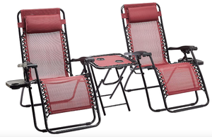 lot 418 image: Amazon Basics Textilene Outdoor Adjustable Zero Gravity Folding Reclining Lounge Chair with Side table and Pillow - Pack of 2, Red (OPEN BOX)