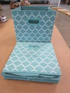 lot 405 image: Set of 4 Fabric Bins in Light Green with White Designs (OUT OF PACKAGING, A LITTLE DIRTY)