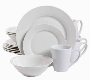 lot 75 image: GIBSON Nobel Court 16 Piece Durable Round Porcelain Microwave and Dishwasher Safe Plates, Bowls, and Mugs Dinnerware Set, White