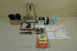 lot 23 image: Assorted Home Goods -SugarCream Jars, Espresso Shot Glasses, Wine Glass, Wine Opener