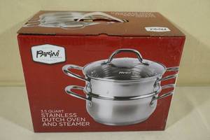 lot 162 image: Parini 3.5 Quart Stainless Dutch Oven and Steamer