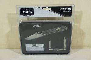 lot 166 image: Buck Knives 257 Liner Lock & 375 Deuce Knife Combo in Collectors Tin