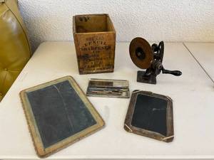 lot 4 image: One Gem Pencil Sharpener with Wood Shipping Box, Slates & Slate Pencils