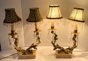 lot 81 image: Pair of Vintage Brass Double Arm Decorative Lamps with Marble Bases and Dangling Prisms
