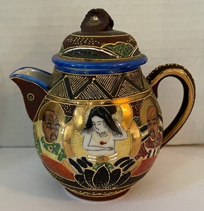 lot 86 image: Vintage Satsuma Moriage Immortals Hand Painted Teapot, Creamer, 3 Cups and 3 Saucers