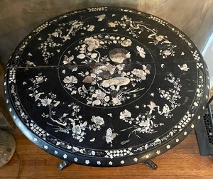 lot 103 image: Vintage Wooden Table with Inlaid Mother of Pearl Accents