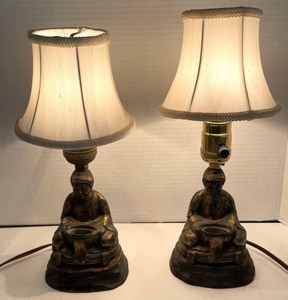 lot 123 image: Pair of Vintage Metal Japanese Shakyamuni Buddha Figurine Lamps with Wooden Bases