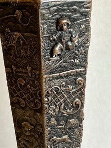 lot 40 image: Pair of Vintage Hexagon Shaped Silver Plate Candlestick Holders with Dutch Repousse Scenes