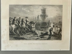 lot 45 image: Vintage Framed Black and White Etching of General Howe Evacuating Boston