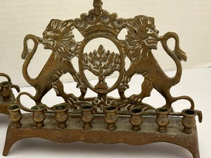 lot 54 image: Pair of Vintage Brass Lion Judiaca Menorahs