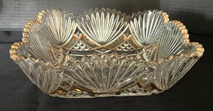 lot 318 image: Gold Rimmed Clear Glass Platters, Bowl and Stemware