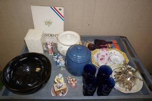 lot 113 image: Assorted Homegoods and Collectibles -Serving Plates, Glasses, Figures, Large Jars