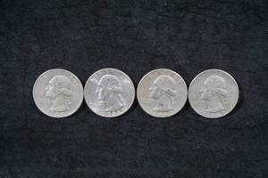 lot 159 image: 4 US Washington Silver Quarter Coins - 3 1964-D, 1 1964-P