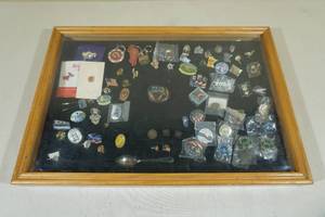lot 177 image: Large Assortment of Pins in Shadow Box Frame