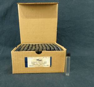 lot 126 image: Box of 144  Merco Mercer Glass Works 1 Dram Glass Screw Cap Vials Long Style