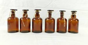 lot 149 image: Lot of 6 Vintage Merco Mercer Glass Works 200ML Amber Glass Dropping Bottles Flat Top Grooved Stopper