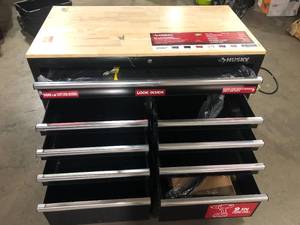 46 in. W x 24.5 in. D Standard Duty 9-Drawer Mobile Workbench Cabinet with Solid Wood Top in Gloss Black by Husky Customer Returns See Pictures
