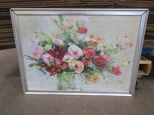 lot 507 image: 27 in x 37 in Silver Framed Floral Canvas Print (FRAME IS LOOSE IN ALL CORNERS)
