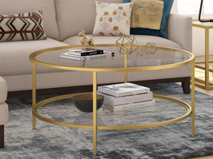 lot 573 image: Meyer&Cross Sivil 36 in. Brass Round Glass Top Coffee Table
