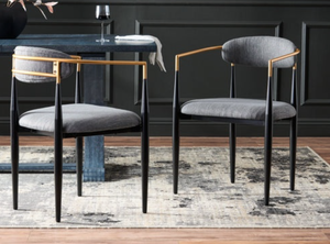 lot 586 image: Set Of 2, Camas Modern Fabric Upholstered Iron Dining Chairs (NEW IN BOX)