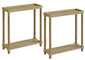 lot 590 image: New Ridge Home Goods Harrison Narrow Side End Tables with Shelf in Distressed Oak, Set of 2 (OPEN BOX)