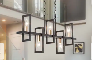 lot 623 image: Tinka Modern Farmhouse Linear Chandelier 5-Light Geometric Kitchen Island Pendant Lights - L32 x W4 x H14 (OPEN BOX)