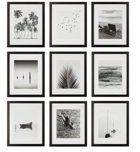 lot 625 image: Instapoints 9 Piece 8 x 10 Picture Frame Set with Decorative Art Prints & Hanging Template Gallery Wall Kits, Black (20FP1823) (PICTURES FOR FRAMES ARE BENT)