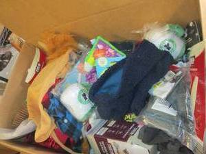 box of pet clothes and toys oversto...