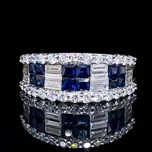 2.50 Carat Natural Blue Sapphire & Diamond Checkerboard Square Cluster Channel Ring in 18k White Gold $10,900 Retail VIDEO