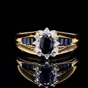 Natural Blue Sapphire & Diamond Oval Halo Cluster Channel Ring in 14k Yellow Gold $1490 Retail