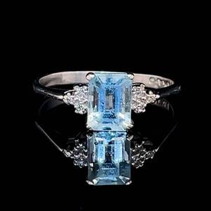 Emerald Cut Blue Topaz Solitaire & Diamond Triangle Cluster Ring in Yellow Gold $1100 Retail
