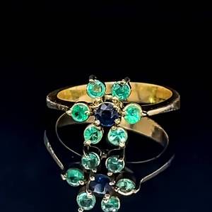 Round Natural Emerald & Blue Sapphire Flower Cluster Estate Ring in 14k Yellow Gold $1250 Retail